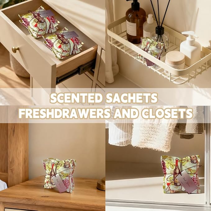 AUCUDA Valentine‘s Day 4pcs Wine Scented Sachet Bags for Drawers and Closets, Potpourri Packets for Women Clothes Storage, Spring Gift Fragrance Pillow for Bedroom Indoor, Air Fresheners.