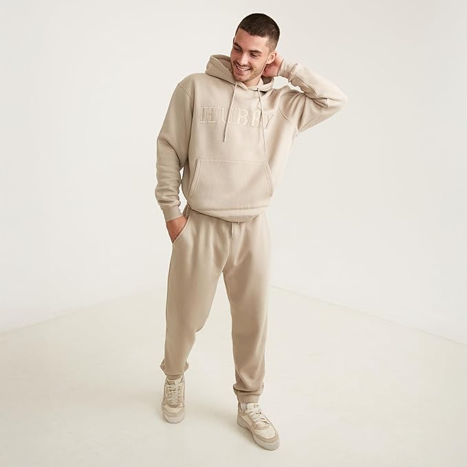 Six Stories | Hubby Embroidered Hoodie in Stone Beige | Soft & Cozy Fleece Pullover Loungewear Sweater