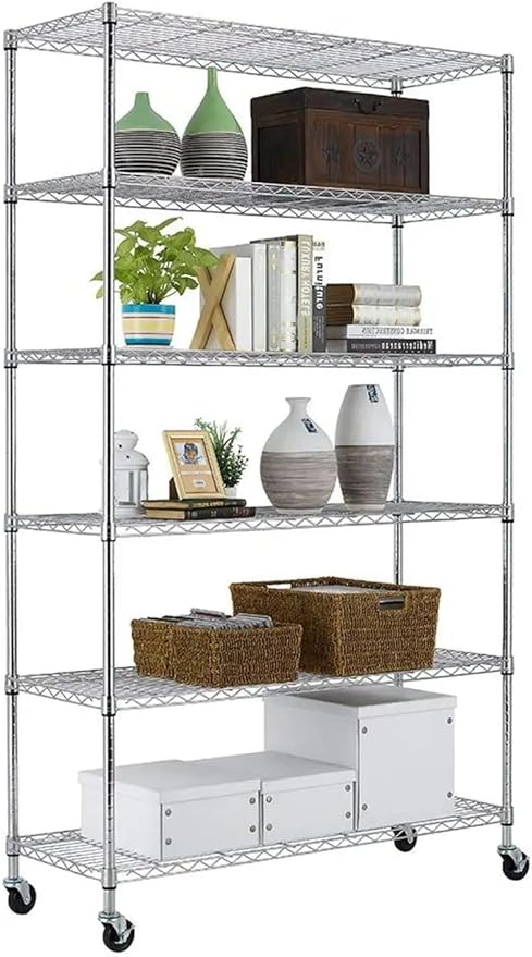 YRLLENSDAN 6 Tier Shelf Heavy Duty Metal Shelving Unit with Wheels, Adjustable Wire Storage Shelves 2100LBS Capacity, Garage Shelving for Pantry, Kitchen, Closet, Chrome, 18" D x 48" W x 82" H