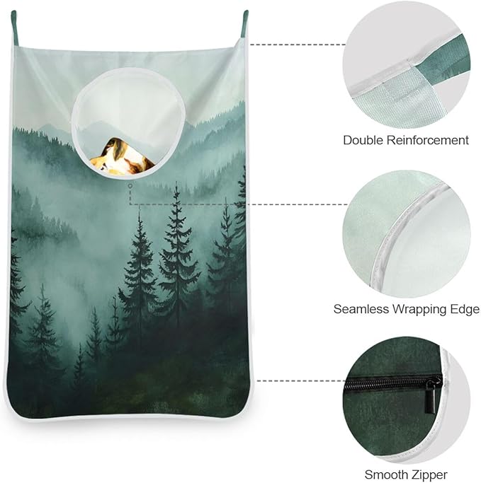 Hanging Laundry Hamper Over the Door with Stainless Steel Hooks Rack Dirty Clothes Wall Mounted Hamper Basket Bag 29.5X20inch Green Mountains and Pine Trees 3500