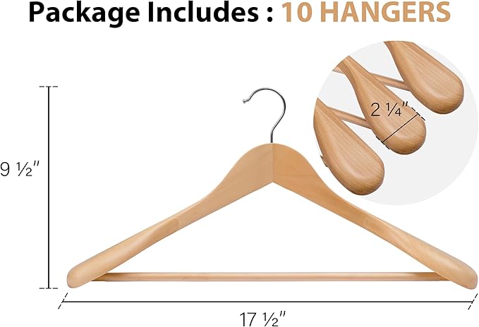 StorageWorks Wooden Hangers 10 Pack, Extra Wide Shoulder Wood Coat Hanger for Coats, Shirts, Jackets, Pants, Suits, Natural Wood Color