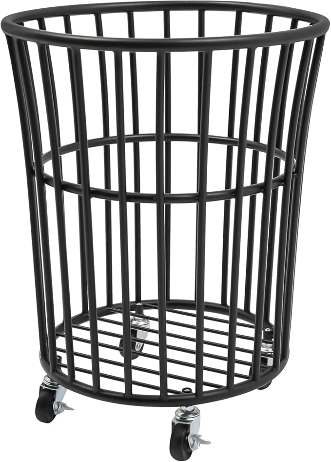 Rolling Laundry Basket Cart, Metal Laundry Hamper with Wheels, Laundry Organizer Basket Cart, Clothes Storage Organizer Hamper for Living Room,Bathroom,Closet (Black, Round Barrel Shape)