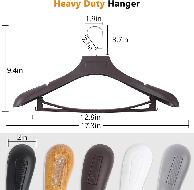 DEDU Suit Hangers for Men 15 Pack, Brown Coat Hangers Extra Wide Non Slip Width 17.7", Thick Plastic with Pants Bar & Metal Hook