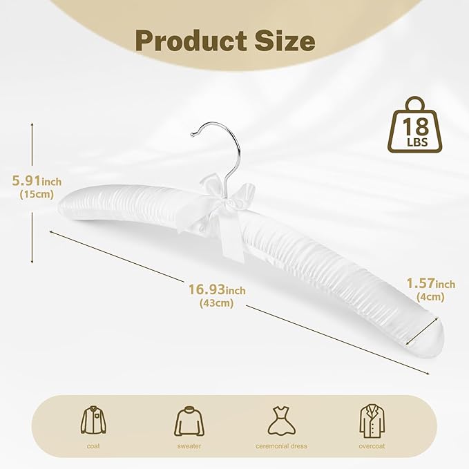 HOUSE DAY Satin Padded Hangers for Women 4 Pack 17 Inch No Shoulder Bump Bride Hanger for Sweaters, Dresses, Clothing, Weddings, Lingerie（White）