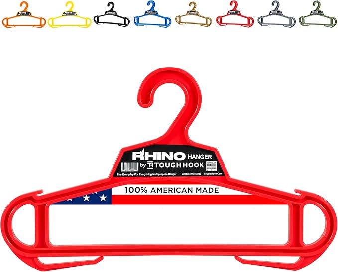 Rhino Tough Hook Heavy Duty Clothes Hangers – Made in USA, Military Grade Coat Hanger for Body Armor – 200-lb Capacity Suit Hangers – The Everyday for Everything, The Indestructible Hanger, 1 Red