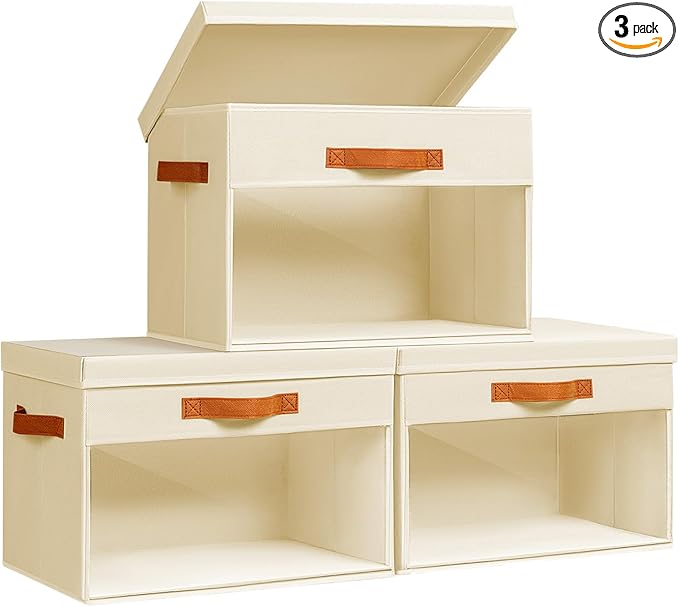 Large Storage Bins with Lids - 3 Pack Foldable Decorative Organizers with Clear Windows & Handles, Cube Storage Organizers for Clothes, Blankets, Sweaters, Sheets, Beige
