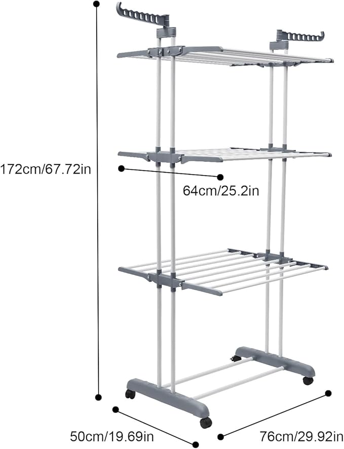 Clothes Drying Rack, 4-Tier Foldable Stainless Steel Drying Rack, Movable Drying Rack with 4 castors, for Balcony, Patio, Indoor Outdoor Use
