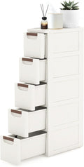 5 Drawers Narrow Storage Cabinet, Slim Bathroom Storage Cabinet, Plastic Rolling Cart Organizer for Small Spaces, Laundry, Office, Home, White