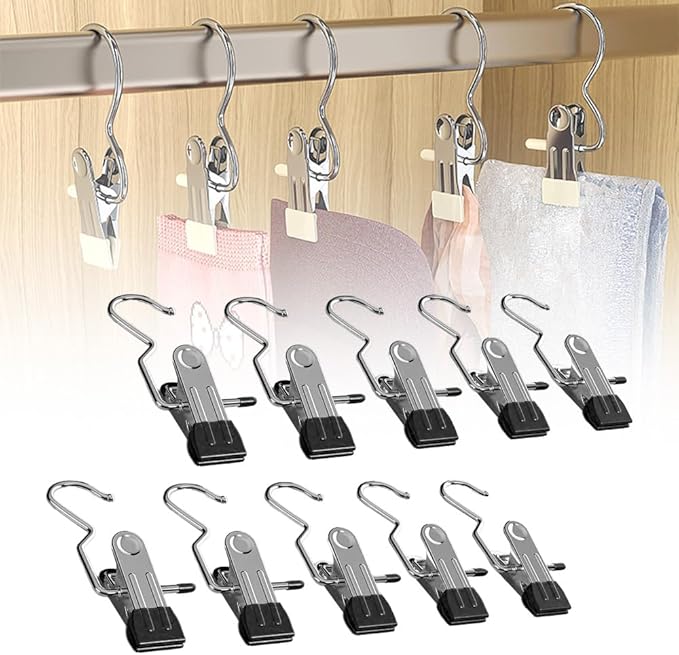 10 PCS Stainless Steel Laundry Hanging Hooks Clips, Anti-rust Clip Space-saving Clothespin Hat Pants Storage Hanging Travel Hook, 360° Rotating Hanger Clips Towel Clips Boot Hangers for Closet (Black)