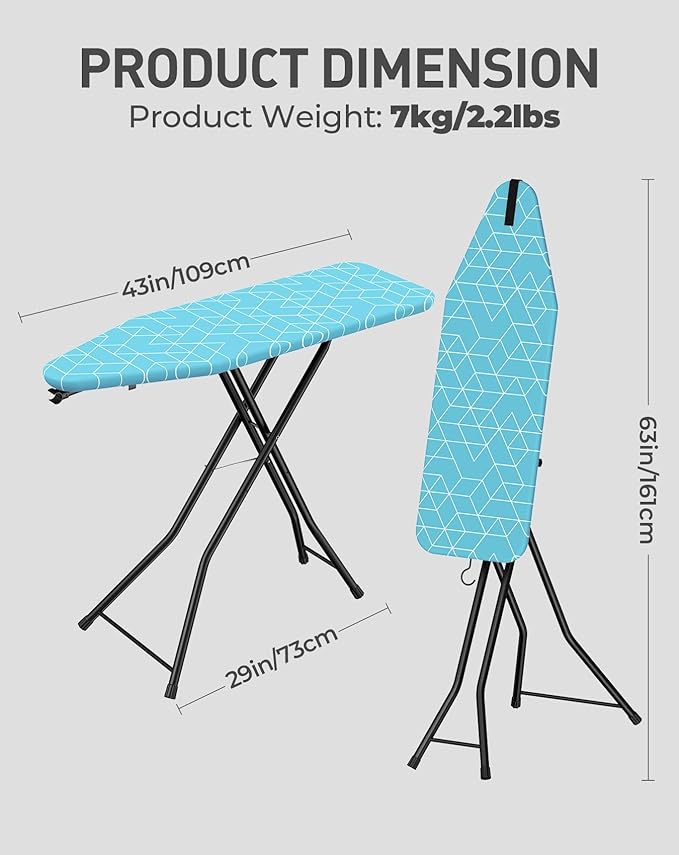 LyriFine Ironing Board, 2-in-1 Flat and Hanging Board, Sturdy Steel Frame Iron Board with Non-Slip Feet, Heat Resistant Cover Iron Board, Foldable Ironing Board Full Size with Hook, 14″ x 43″ Blue