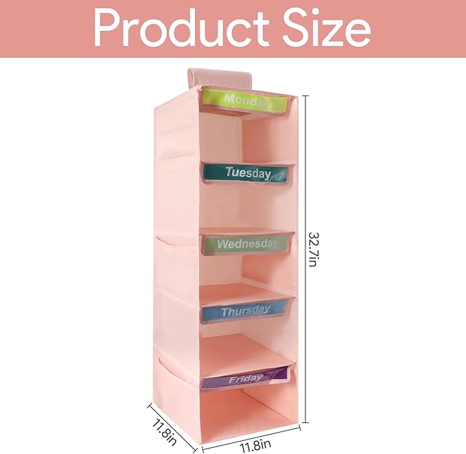5-Shelf Weekly Clothes Organizer for Kids, Collapsible Hanging Closet Shelves, Baby Closet Organizers and Storage with 6 Side Pockets, Daily Clothing Divider for Boys and Girls (Pink)