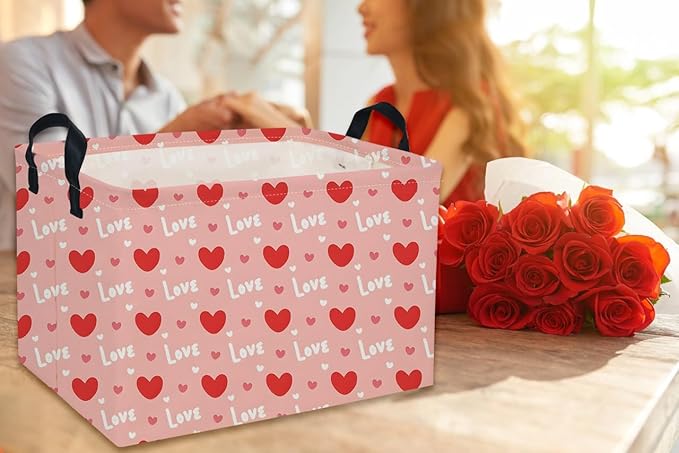 Rectangular Valentine's Day Baskets,Heart Basket,Pink Girls Basket Kids Storage Bin Love Room Decor for Home.(Cute love)