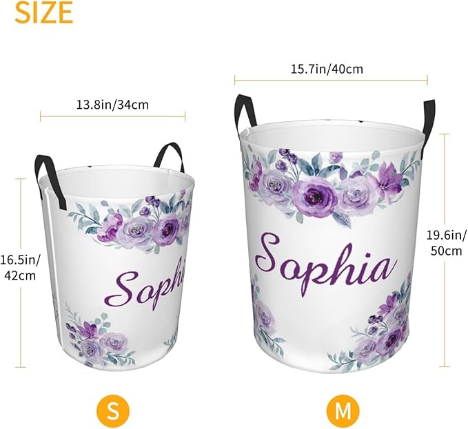 Personalized Laundry Basket for Nursery, Custom Nursery Laundry Hamper with Name, Customize Baby Clothes Circular Hamper for Boys Girls Room Decor, Purple Floral