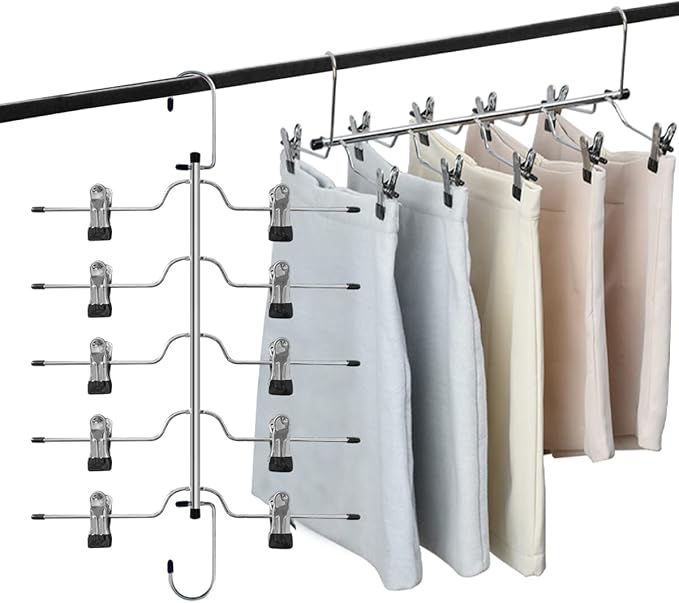 4 Pack Metal Pants Skirt Hangers Organizer,5 Tier Space Saving Hangers with Adjustable Non Slip Clips, Heavy Duty 360 Degree Swivel Hook, Gain 80% More Space for Slacks, Trousers, Shorts, Jeans