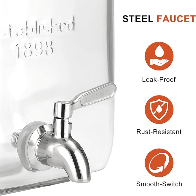 2 Gallon Glass Drink Dispenser - Stainless Steel Leakproof Spigot and Lid, Beverage Glass Drink Dispensers for Parties, Water Beverage Dispenser Liquid Laundry Detergent Dispenser