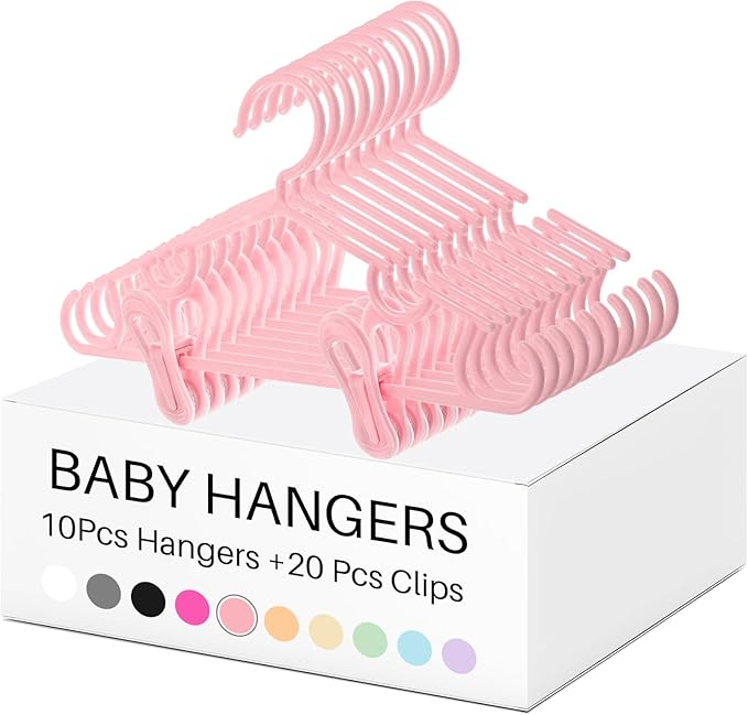 Hsei 5/10/40 Pack Baby Hangers with 10/20/80 Clips, Plastic Kids Pants Hangers for Nursery Closet Top and Bottom Clothes Hanger Set for Newborn Infant Toddler(30 Packs Total,Pink,10.6 Inch)