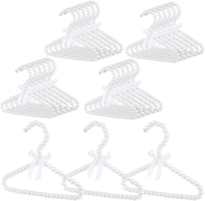 Wesiti 25 Pcs Small Pearl Hanger Mini Pearl Metal Elegant Clothes Hangers with Ribbon for Women Dog Cat (White)