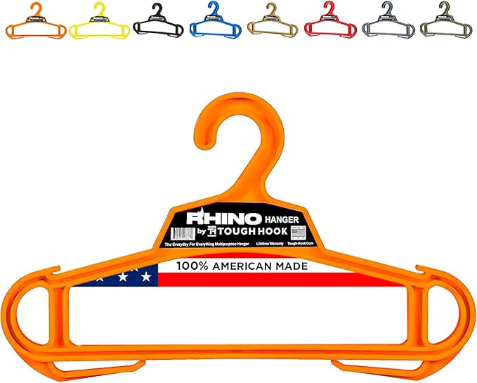 Rhino Tough Hook Heavy Duty Clothes Hangers – USA-Made Military Grade Coat Hanger for Body Armor – 200-lb Capacity Suit Hangers – The Everyday for Everything, The Indestructible Hanger, 1 Orange