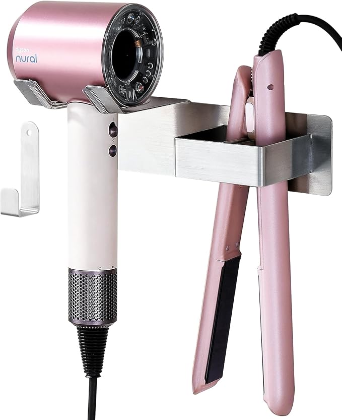 Hair Dryer and Straightener Holder, Upgraded Hair Straightener Holder with Cable Hook, Stainless Steel Universal Hair Dryer Wall Mount Waterproof for Bathroom Space-Saving Silver
