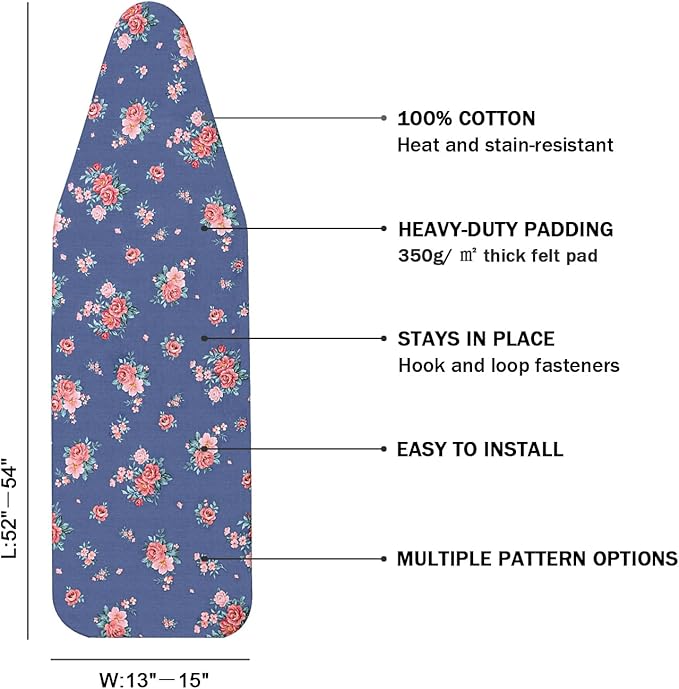 Ironing Board Cover and Pad Standard Size 15" x 54",3 Pairs of Hook and Loop Fastener Straps,Elastic Edges,Cotton Iron Board Cover with Scorch Resistant Thick Padding (Blue+Flowers)