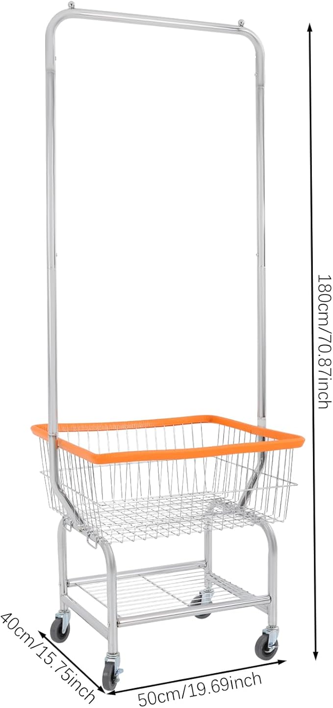 Laundry Cart,Steel Wire Laundry Cart,Laundry Basket With Wheels,Commercial Laundry Basket Cart Heavy Duty with Rod Rack 19.69x15.75x70.87in (G)