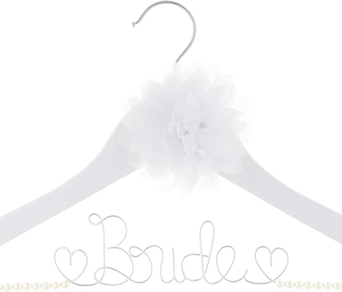 Bride to Be Wedding Dress Hanger Wooden and Wire Hangers for Brides Gowns, Dresses (White with Pearl Strand and Flower)