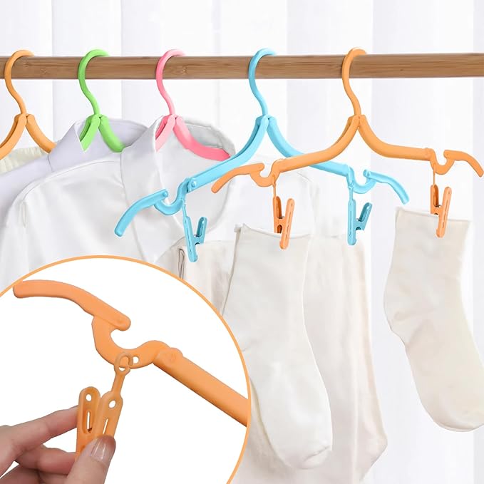 Daily Treasures 12 Pack Premium Travel Hangers with 4 Clips & 1 Rotating Rack, Anti-Slip Foldable Hangers for Traveling Portable for Travel Accesories Home Foldable Clothes Drying Rack