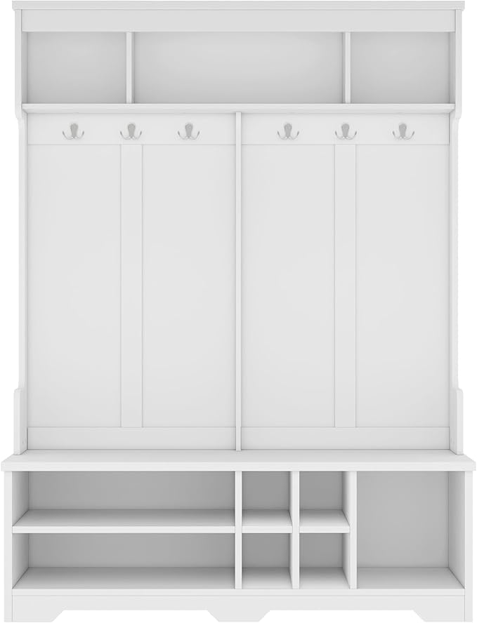 60 inch Hall Tree with Bench and Shoe Storage, Shelf, Wood Hall Tree with 6 Hooks/Mudroom Bench with Storage and Hooks, Hall Trees for Entryway, Hallway, Living Room