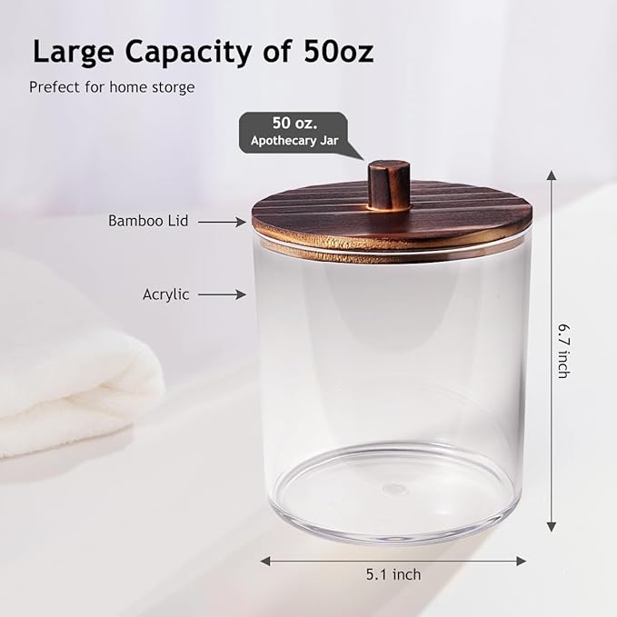 SheeChung 1 Pack 50 Oz Dark Wood Lid Large Apothecary Jar - Rustic Farmhouse Laundry Room Decor - Container for Bathroom Organization - Clear Storage Canister for Scent Beads & Salts