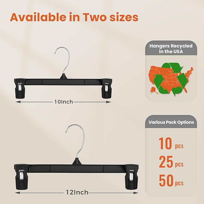 HOUSE DAY Black Pants Hangers 50 Pack, Skirt Hangers with Non-Slip Big Clips and 360° Swivel Hook, Heavy Duty Slim Plastic Pants Hanger, Space Saving Clip Hanger for Pants, Skirts, Shorts - 10 Inch
