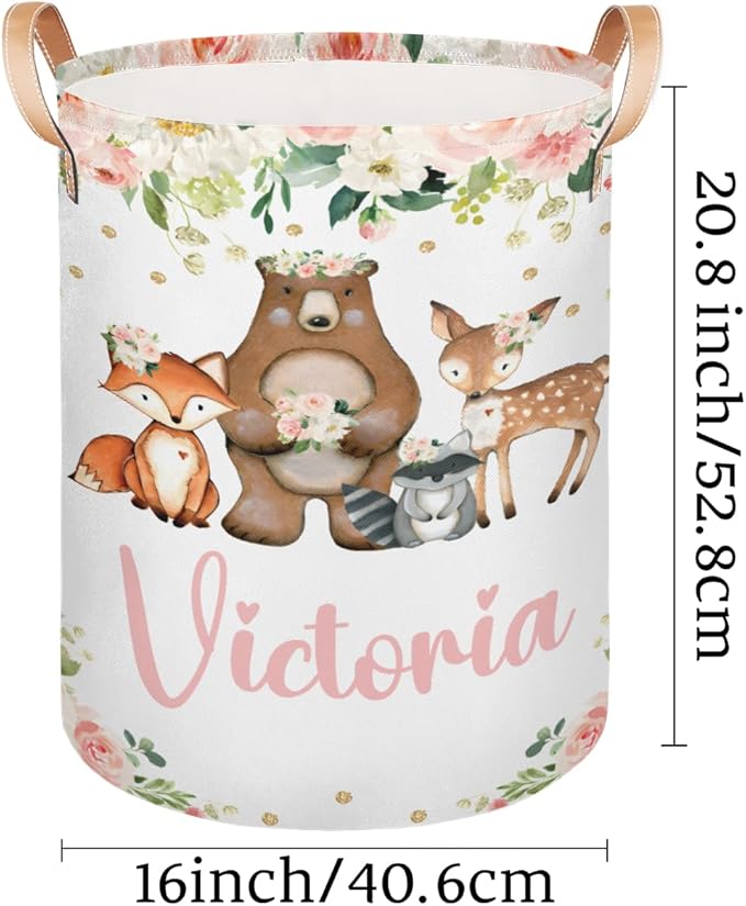 Personalized Laundry Basket, Custom Gift Laundry Hamper, Collapsible Nursery Waterproof Laundry Baskets, Dirty Clothes Toy Hamper with Handles Pretty Floral Woodland Animals