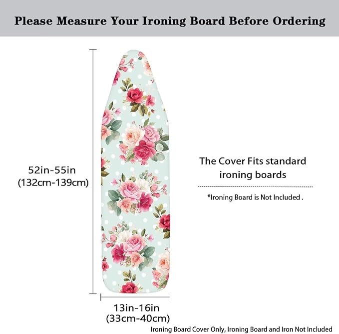 Flower Print Cover for Ironing Board 15x54 Inch Standard Size Flower Print Iron Board Cover with Elastic Edge Universal Fit, Hook and Loop Design