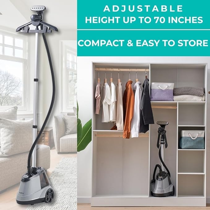 True & Tidy® Commercial Standing Clothes Steamer, Heavy Duty with 90+ mins of Steam Time, For Home and Commercial Use, 1800 watts of Powerful Steam, Wheels for Easy Movement, 3 Steam Settings (Gray) (Renewed)