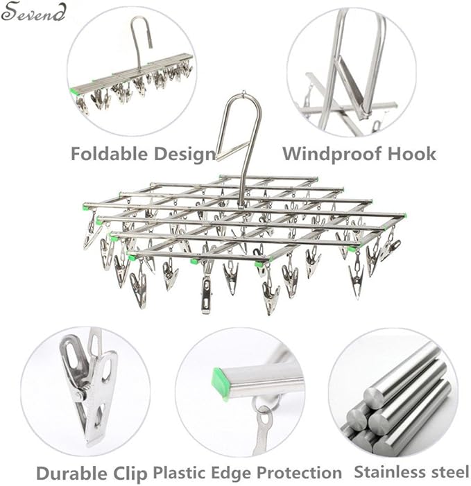 Seven Stainless Steel Socks Drying Rack with 35 Clips, Rustproof Clothes Hanger Washing Line Windproof Hanging Dryer for Socks Underwear Towels Scarves Shirts Etc.