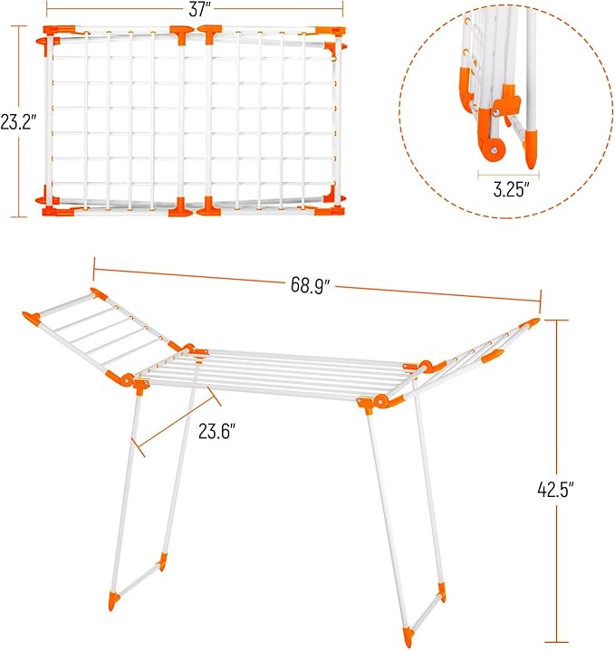 Clothes Drying Rack, Gullwing Laundry Rack, Collapsible, Space-Saving Laundry Rack, with Bonus Sock Clips, for Clothes, Towels, Linens, Indoor/Outdoor, Orange