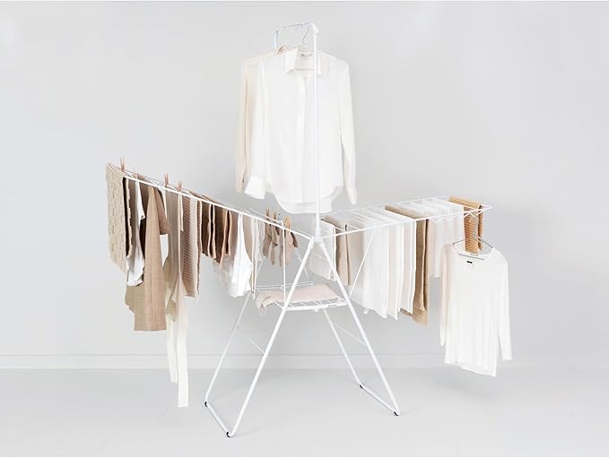 Brabantia HangOn Clothes Drying Rack with Garment Rail | 82ft (25m) | White | Large Indoor Clothes Airer Laundry Stand with 2 Fold-Out Wings & Hanger Hooks, Folds Flat | Fits 3 Full Loads