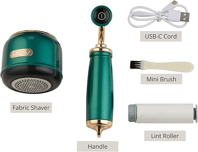 SALAV® Retro Edition Rechargeable Fabric Shaver and Lint Roller with 6-Blade System Removes Fuzz and Piling on Fabrics, with Charging Cable and Mini Brush (Emerald)