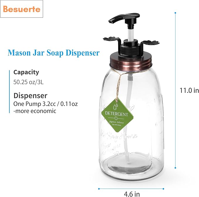 Glass Laundry Detergent Container - Besuerte Large Capacity Liquid Laundry Detergent Dispenser with Refillable & Reusable 2x50oz Mason Jars and Save Effort Pump Aid Handle, Bronze Cap