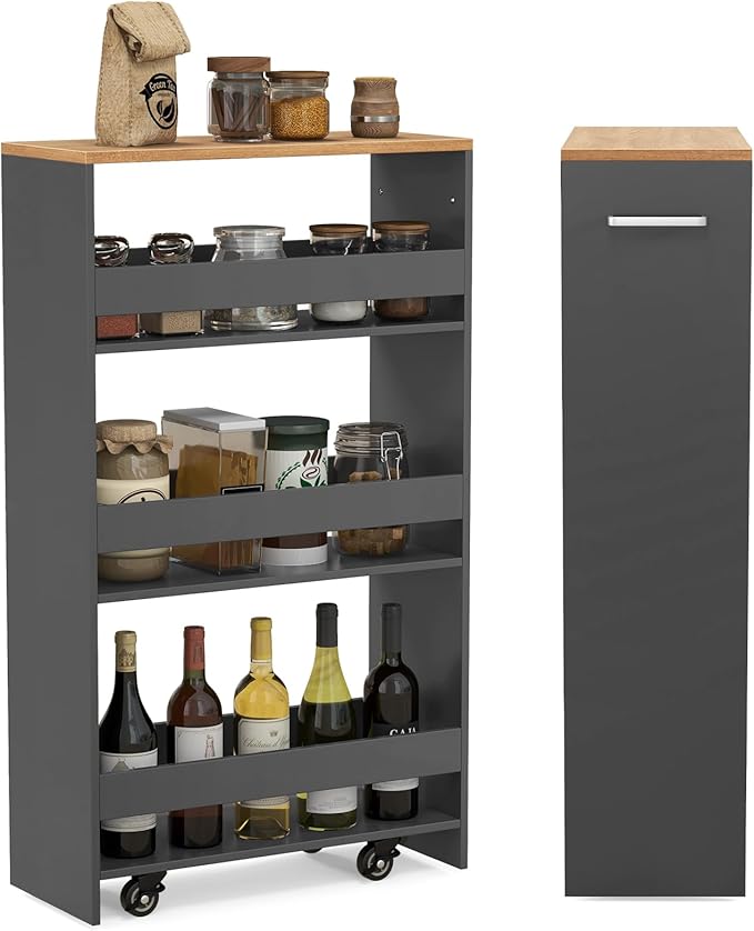 LOKO 4-Tier Rolling Storage Cart, 8 Inches Slim Kitchen Cart on Wheels with Open Shelves & Handle, Laundry Room Cart Between Washer and Dryer, for Narrow Space Bathroom Next to Fridge (Grey & Natural)