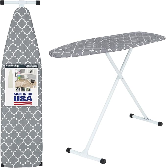 Seymour Full Size Ironing Board with Cover & Pad – USA-Made with Enhanced Grip Feet for Extra Stability – Adjustable Steel T-Legs 35" High – Perforated Top – Durable Iron Board for Home
