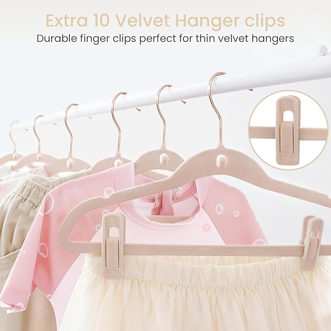 Baby Velvet Hangers 30 Pack, 11" Premium Felt Kids Hanger with 10 Clips, Slim 0.2" Non-Slip Stackable Design & 360° Swivel Hook, Space-Saving Toddler Clothes Hangers for Nursery Closet, Pink