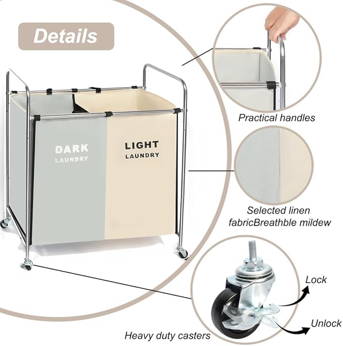 Laundry Basket with Wheels, 180l Hamper with Laundry Bag for Dirty Clothes, Dorm Room Essentials, Towel Organization & Toys Storage Laundry Cart in Laundry Room Organization (White+Gray)