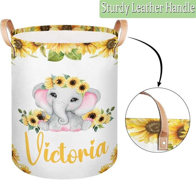 Personalized Laundry Basket, Custom Gift Laundry Hamper, Collapsible Nursery Waterproof Laundry Baskets, Dirty Clothes Toy Hamper with Handles Elephant Sunflower
