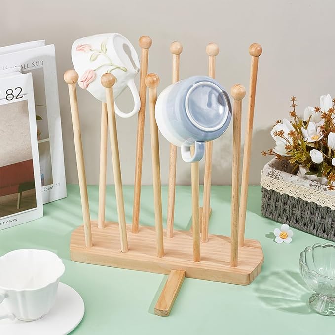 BENECREAT Plastic Bag Drying Rack, Reusable Bag Cup Drainer Holder with 10 Sticks Pinewood Drying Rack for Drying Food Storage Bags, Drinking Cups, Bottles, Dishcloths
