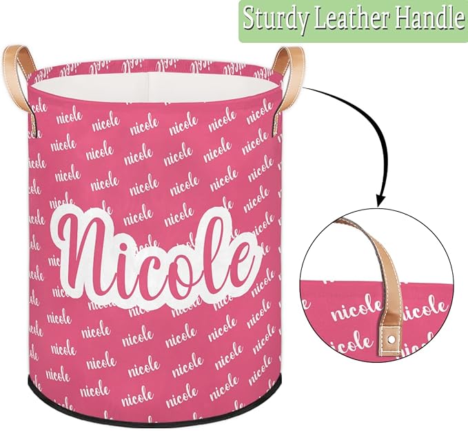 Custom Name Pink Laundry-Hamper, Personalized Kids-Clothes-Hamper Foldable with Name, Customized Storage Basket with Handles Waterproof Gift for Boys Girls Baby Women