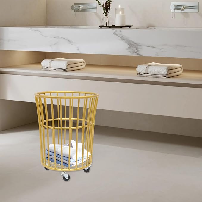 Metal Laundry Basket, Rolling Laundry Hamper with Wheels, Round Mesh Iron Basket Storage Clothes Organizer with Locking Casters for Laundry Room Bathroom Bedroom Closet Dorm (Gold)