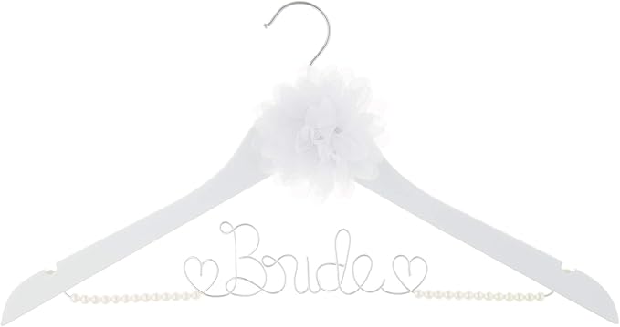 Bride to Be Wedding Dress Hanger Wooden and Wire Hangers for Brides Gowns, Dresses (White with Pearl Strand and Flower)