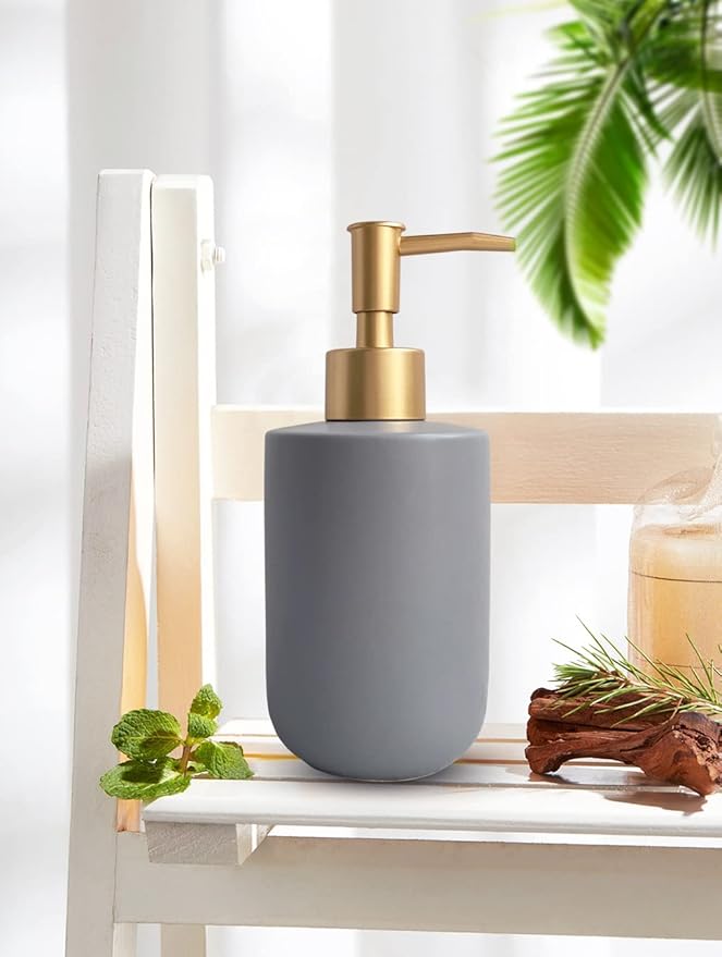 Gray Hand Soap Dispenser with Gold Pump for Bathroom and Kitchen, Refillable Countertop Lotion, 420ml Cylindrical Bottle