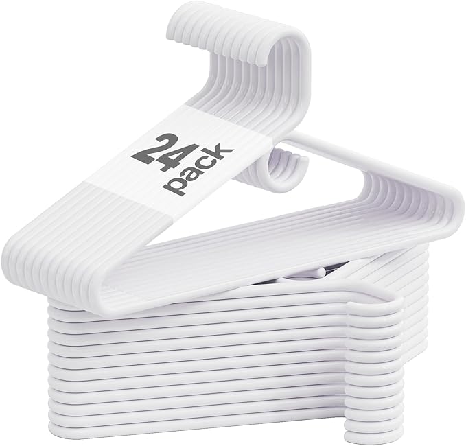 Heavy Duty Plastic Hangers 24 Pack, White Plastic Hangers for Standard Size Clothes with Hook & Non-Slip Pants Bar for Shirts, Pants, Coat, Dresses, Jackets, Scarves and Belts