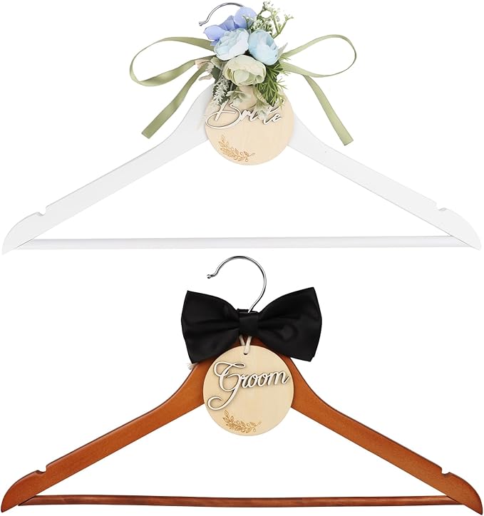 Bride & Groom Hanger - 2 Pack Personalized Name Tags, Dark & White Wood Bridal Dress Hanger, Ideal Keepsake for Wedding Day Photos & Gift
